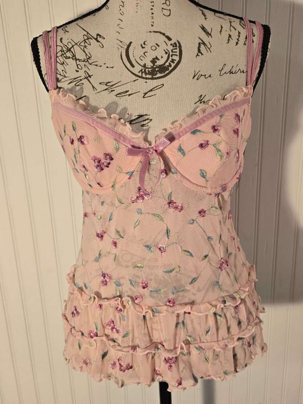 (NWT) Rampage Floral Embroidered Sheer Pink Camisole/Lingerie Top – Size 36B